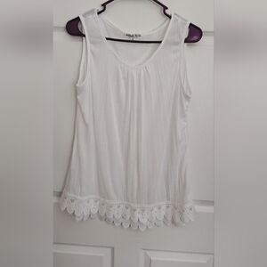 Ashley Blue White Sleeveless Tank with Scalloped Lace Hem